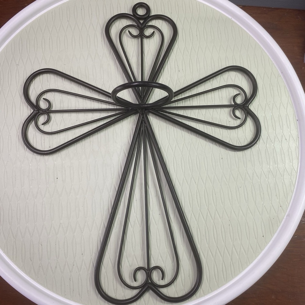 Vintage PartyLite wrought iron Candle Holder Black Metal Cross Sconce 15X 12"X3"